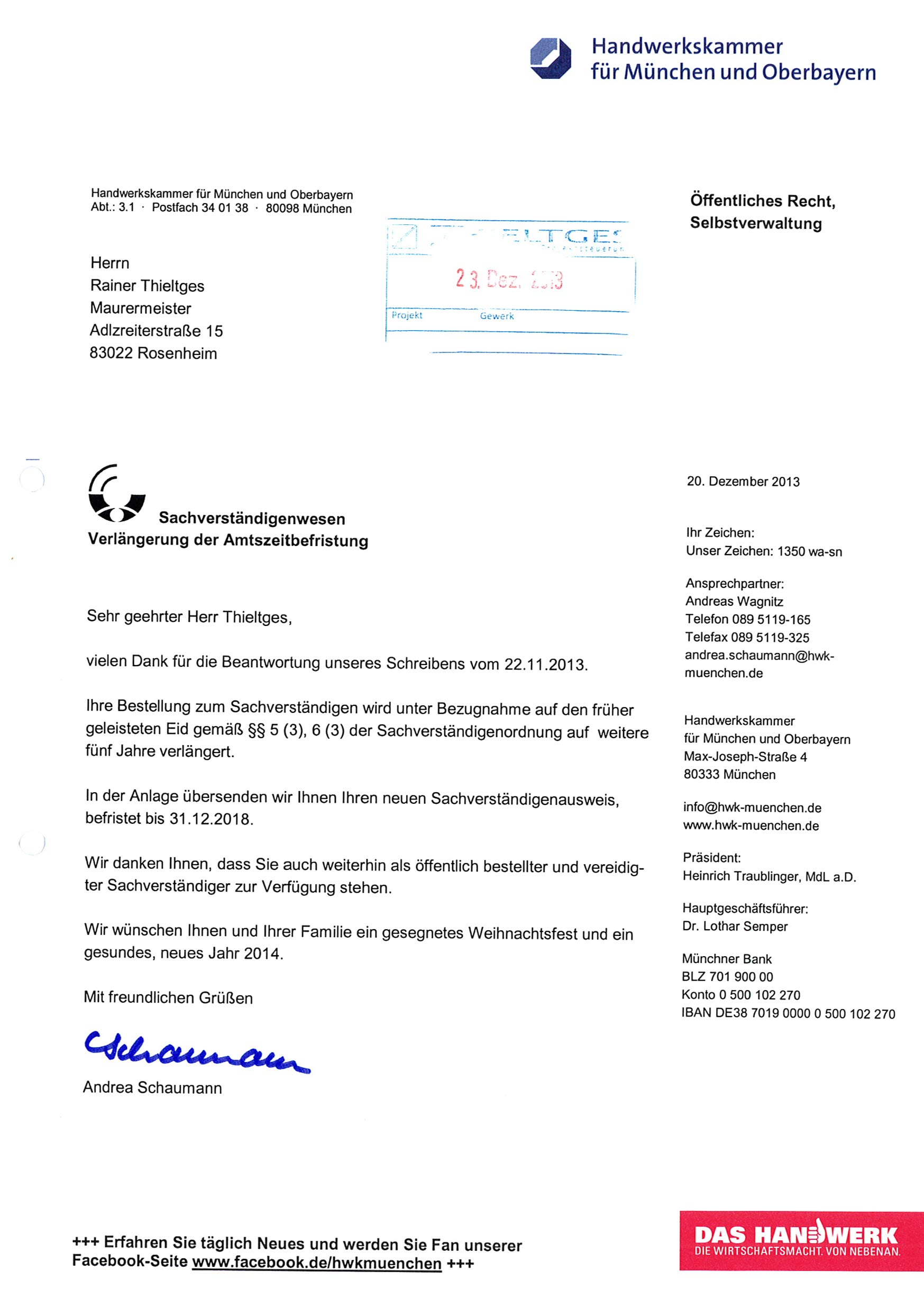 Urkunde Öffentlich bestellter u. vereidigter Sachverständiger, Mauerwerk, Betonbau