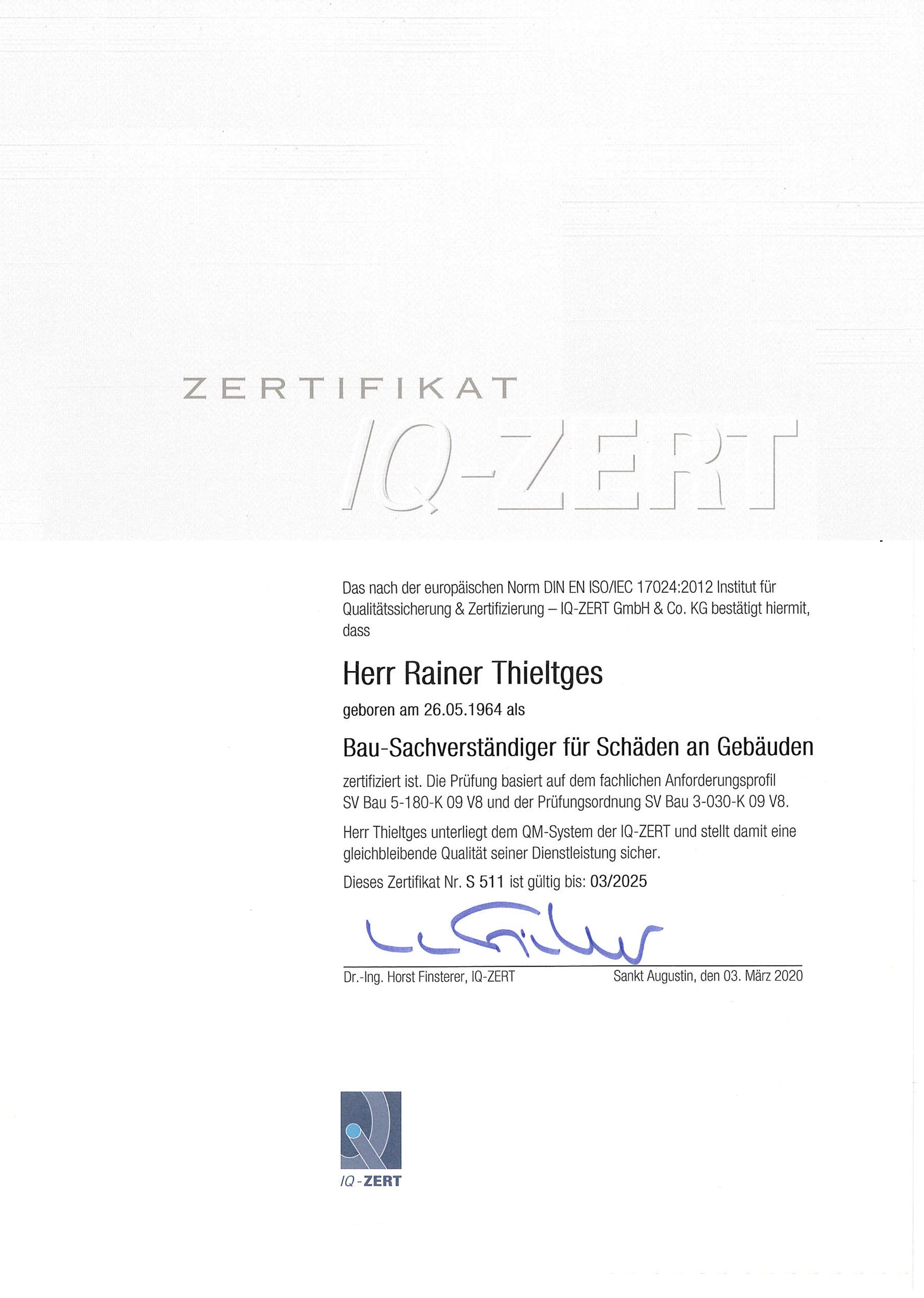 VERLEIHUNG RAL_GÜTEZEICHEN „PLANUNG DER INSTANDHALTUNG BETONBAUWERKE“ AN THIELTGES, SACHVERSTÄNDIGENBÜRO FÜR BAUSCHÄDEN UND BAUWERKSERHALTUNG, ROSENHEIM