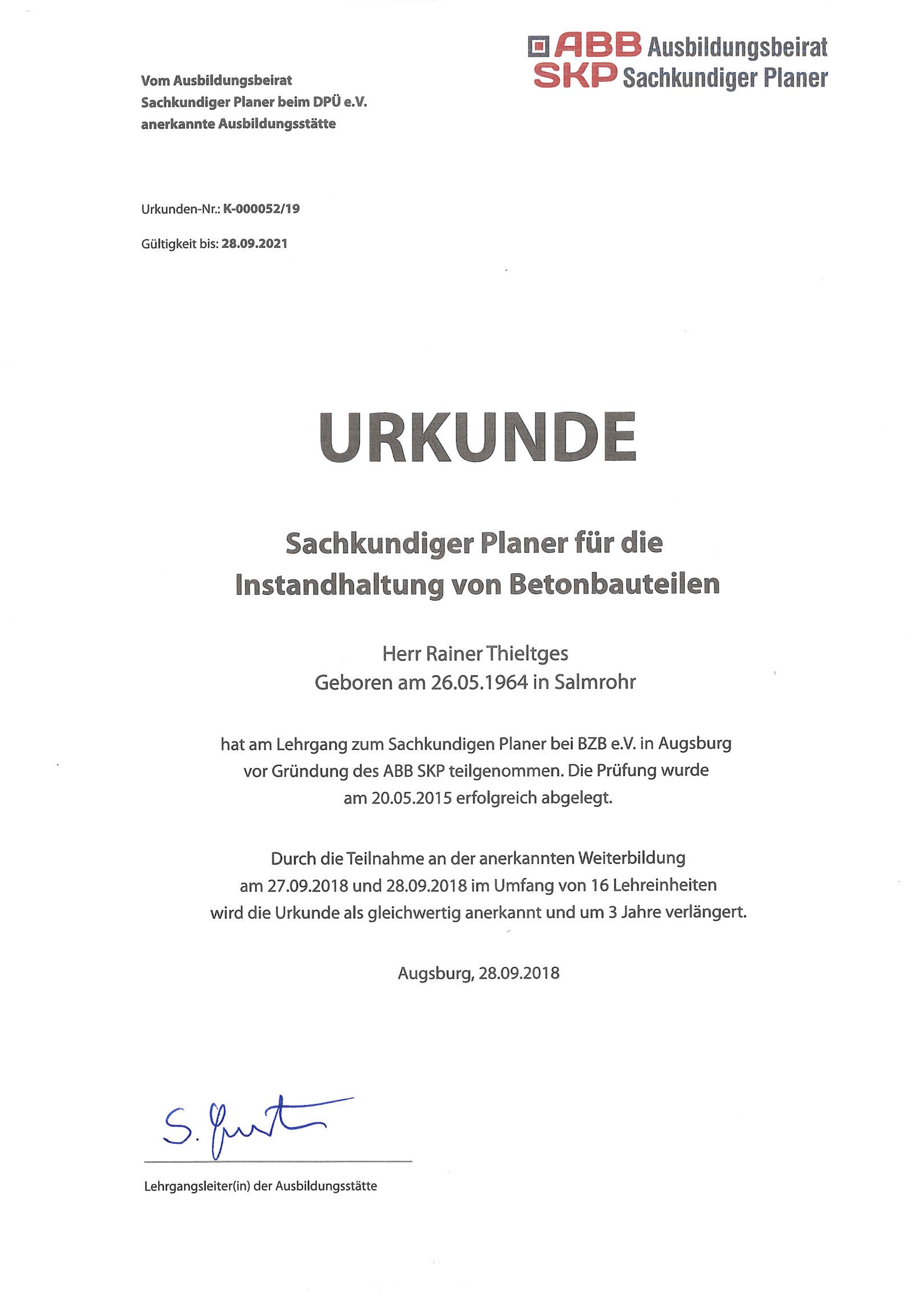 Urkunde - Sachkundiger Planer für die Instandhaltung von Betonbauteilen