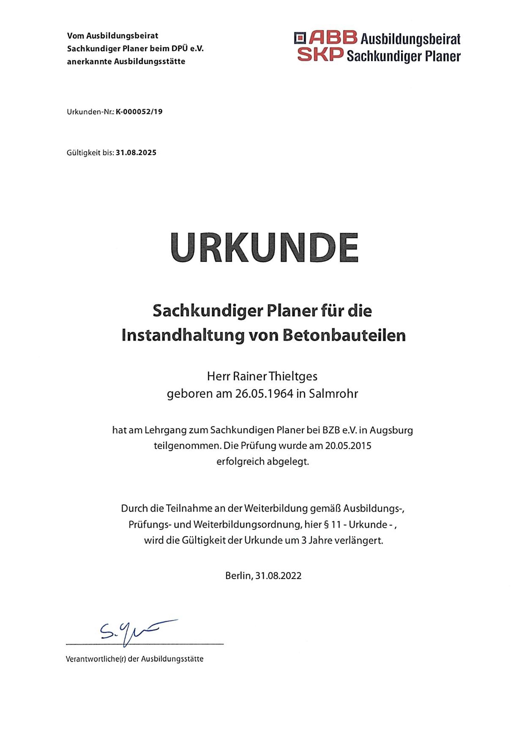Urkunde - Sachkundiger Planer für die Instandhaltung von Betonbauteilen