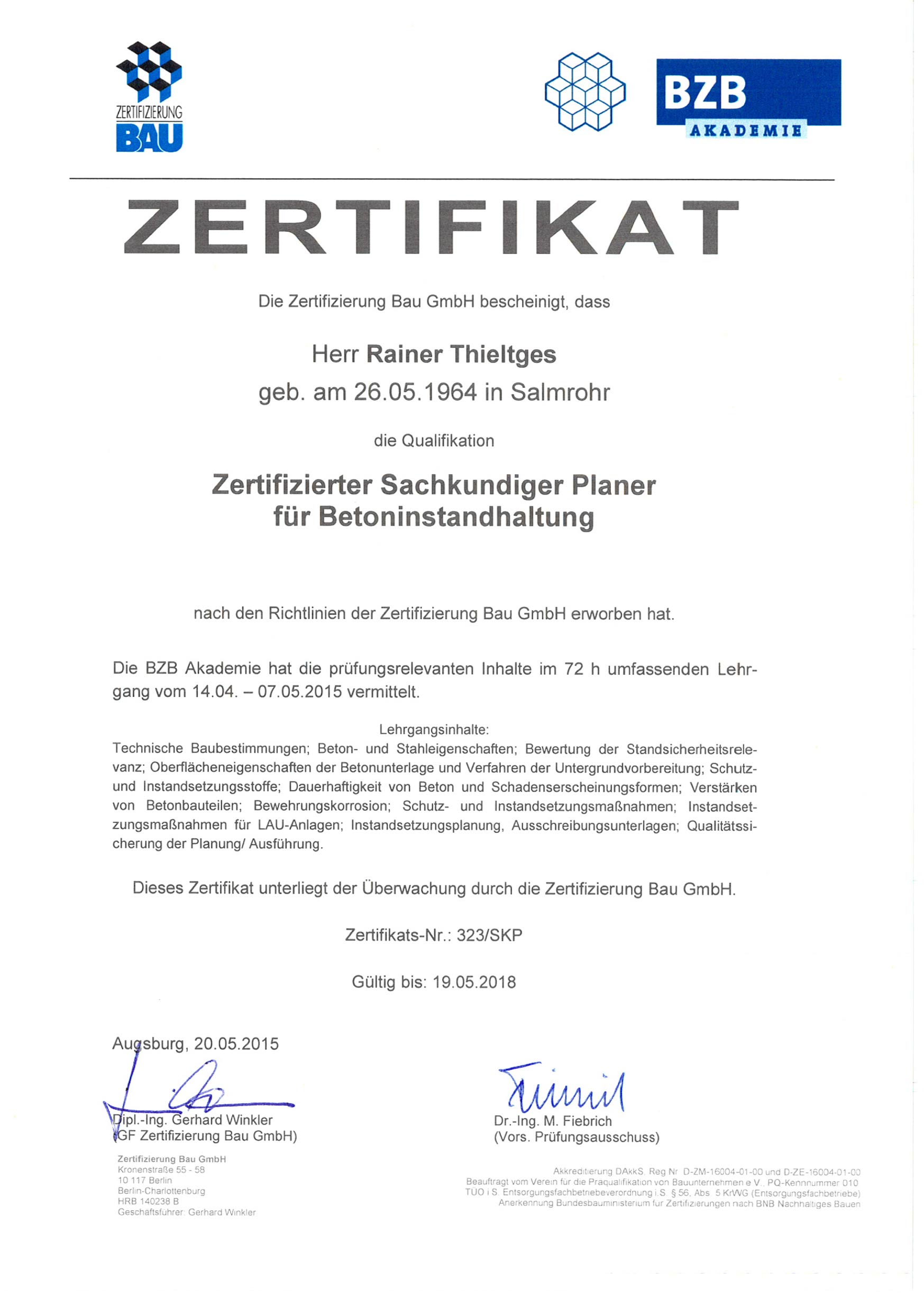 Zertifikat - Sachkundiger Planer Betoninstanthalung