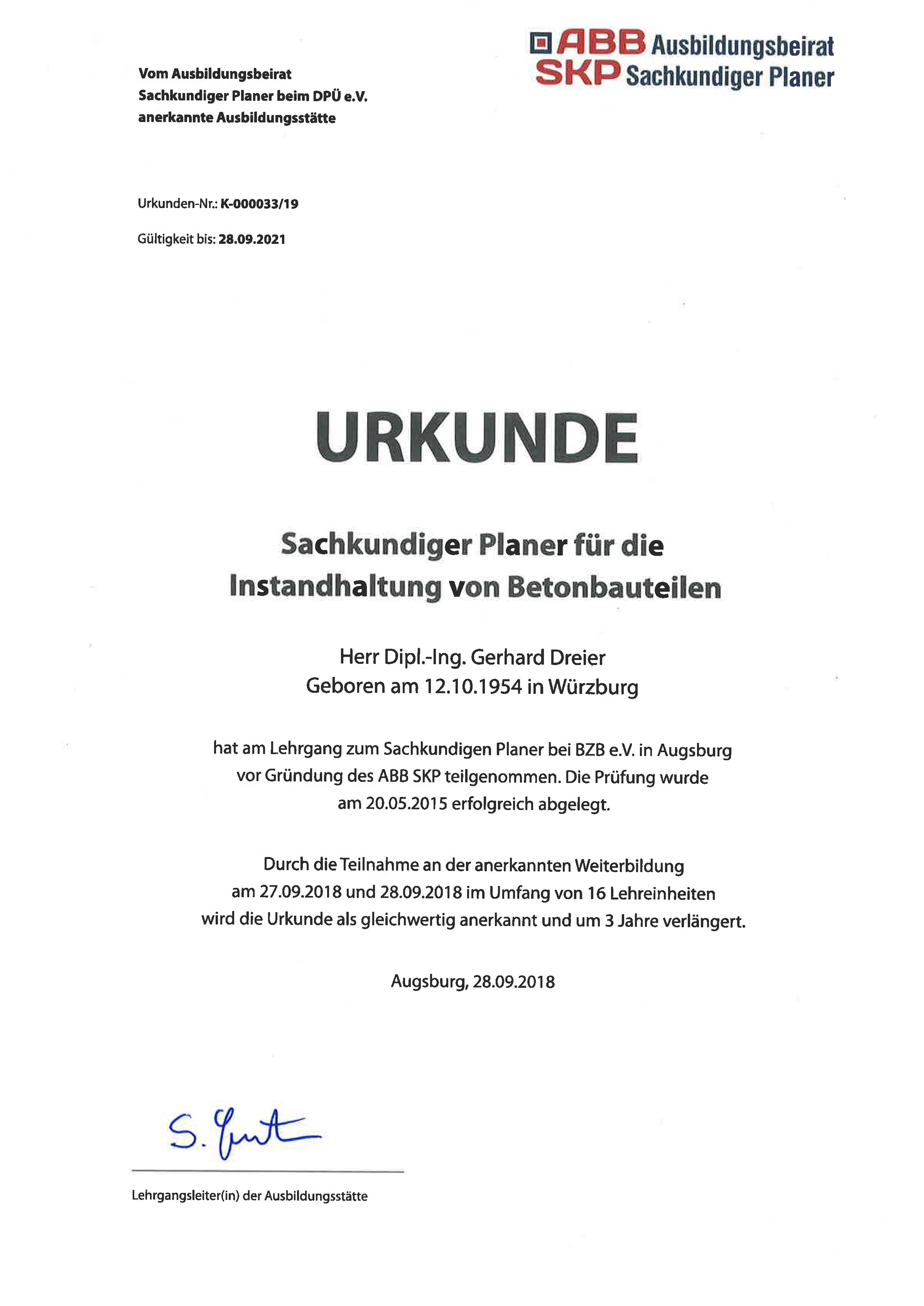 Zertifikat - Sachkundiger Planer Betoninstanthalung