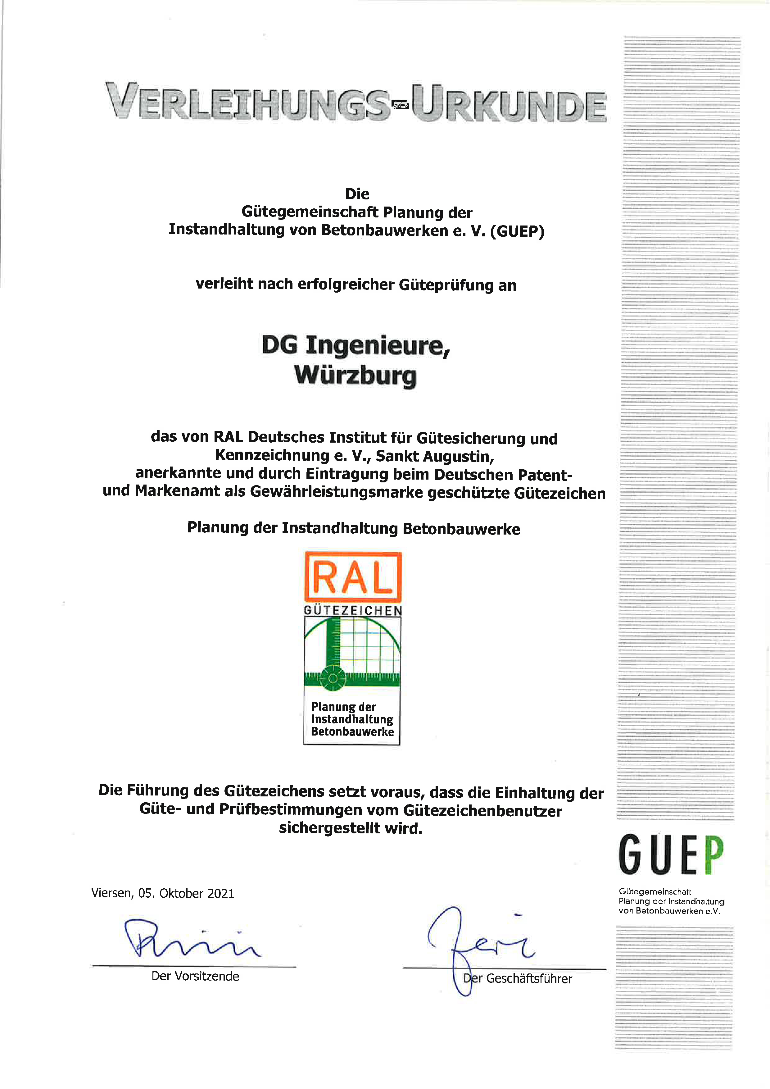 VERLEIHUNG RAL_GÜTEZEICHEN „PLANUNG DER INSTANDHALTUNG BETONBAUWERKE“ AN THIELTGES, SACHVERSTÄNDIGENBÜRO FÜR BAUSCHÄDEN UND BAUWERKSERHALTUNG, ROSENHEIM